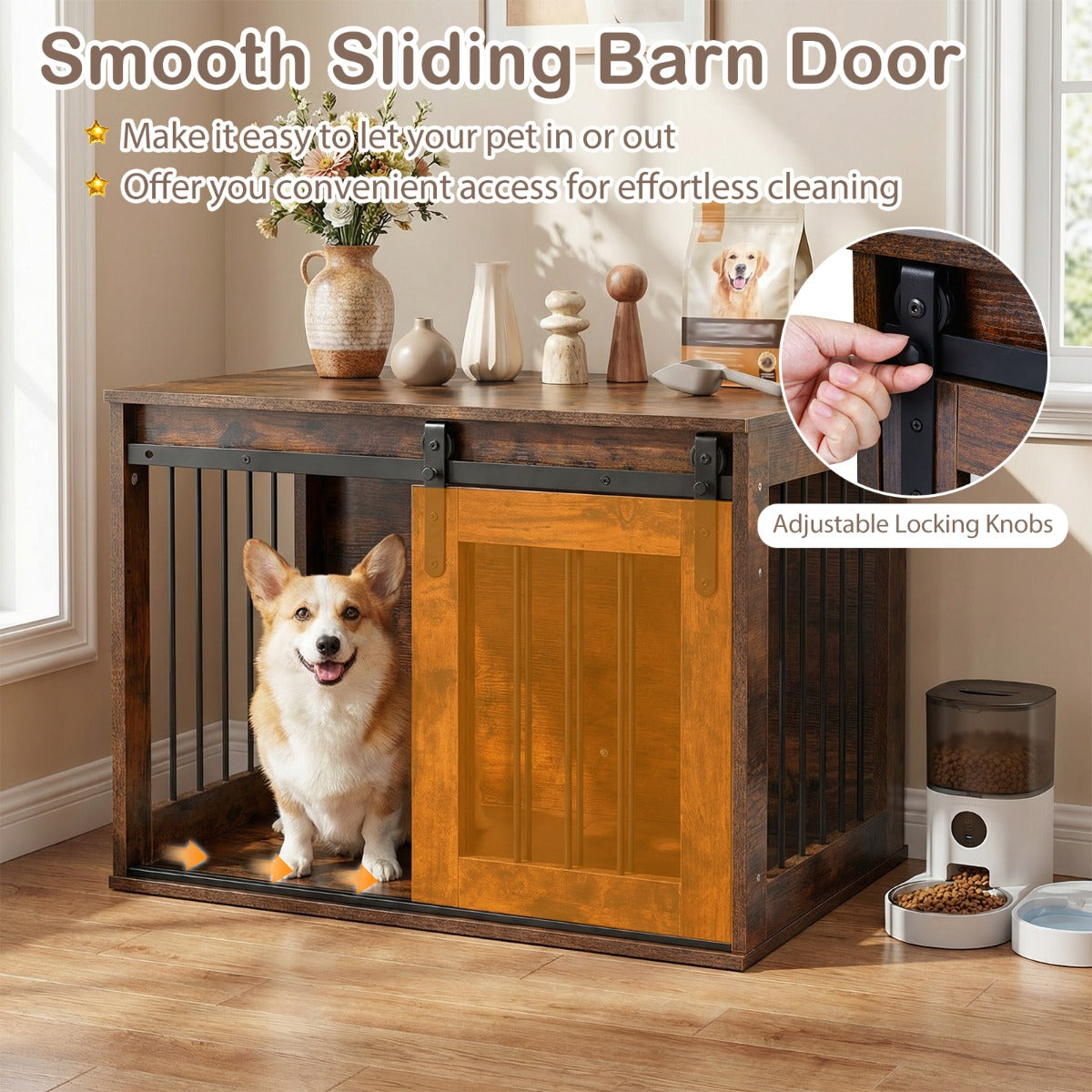 Tung – hundbox med skjeddörr i ladustil hundbur möbel sidobord – 80 cm – Rustik brun