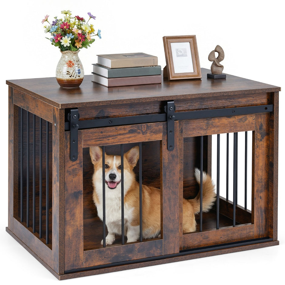 Tung – hundbox med skjeddörr i ladustil hundbur möbel sidobord – 80 cm – Rustik brun