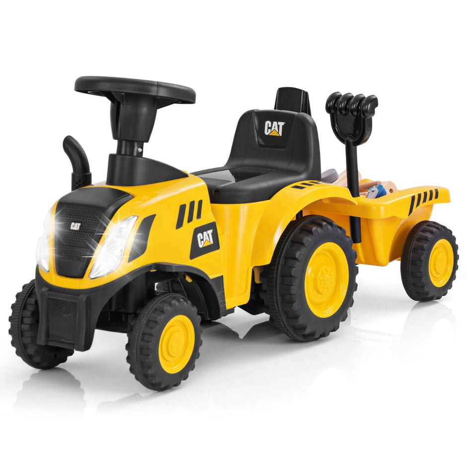 Åktraktor – för barn med avtagbar släpvagn och skovel Walker licensierad Caterpillar fordon – Gul