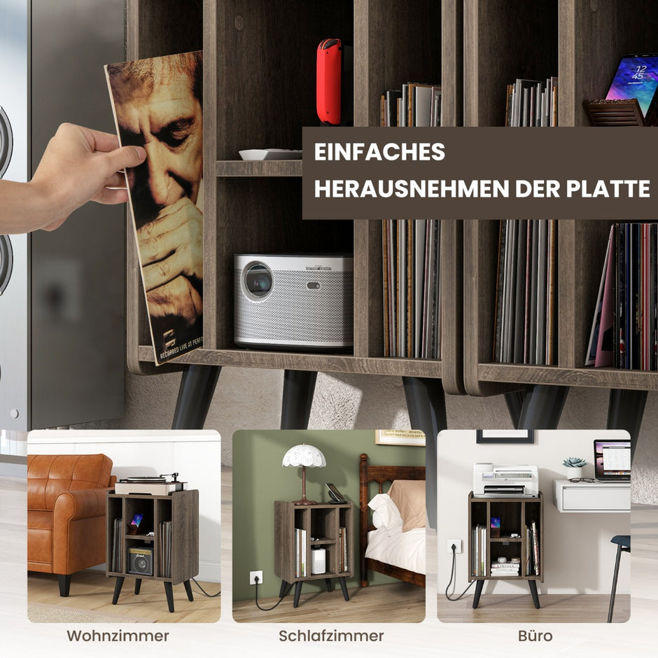Skivspelarställ – med laddstation och öppna hyllor Vinylskivor Skivspelare Bord – 4 – Grå