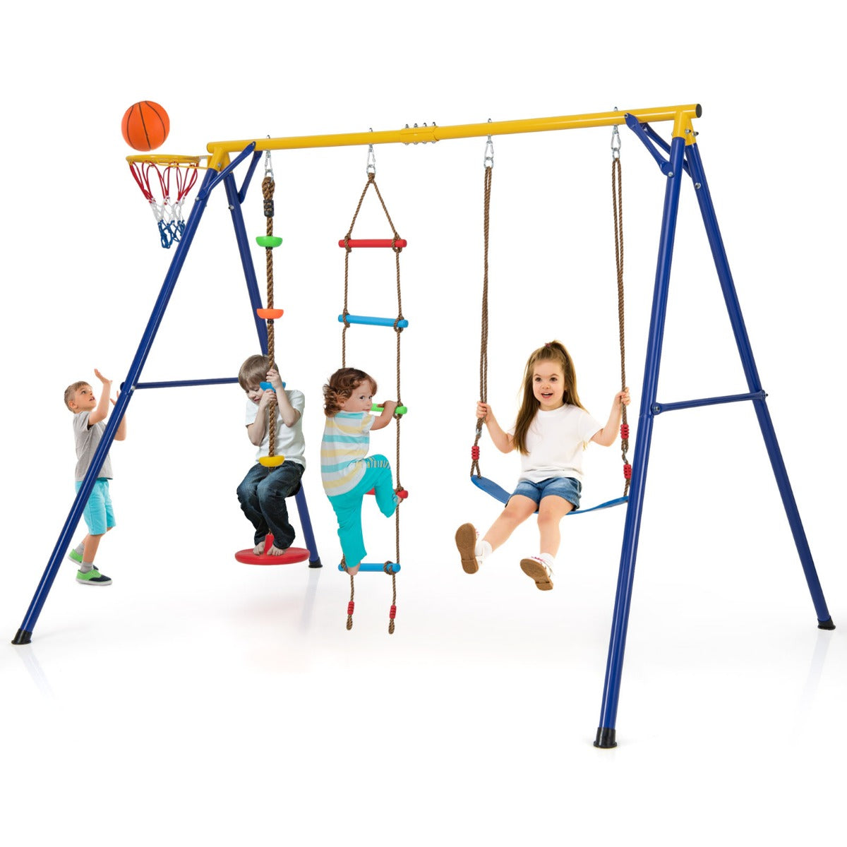 Gungram – med elastisk gungplatta gul + – 246 x 190 x 188 cm – Färgglad