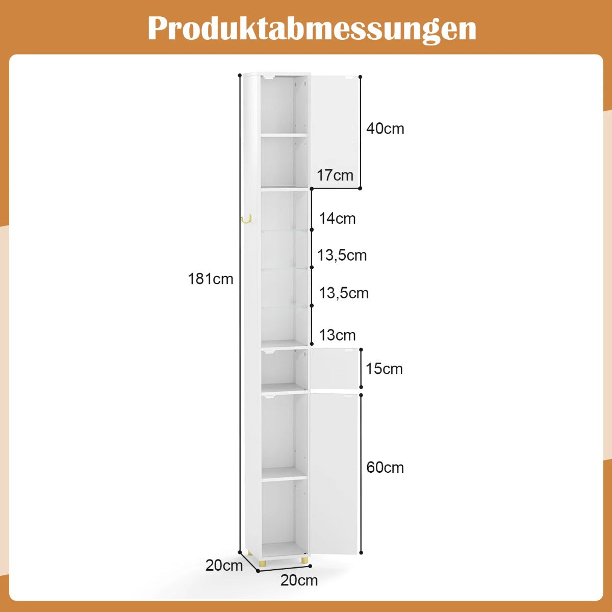 Smal – badrumsskåp med belysning, låda och glashyllor Vitt – 3 – Vit