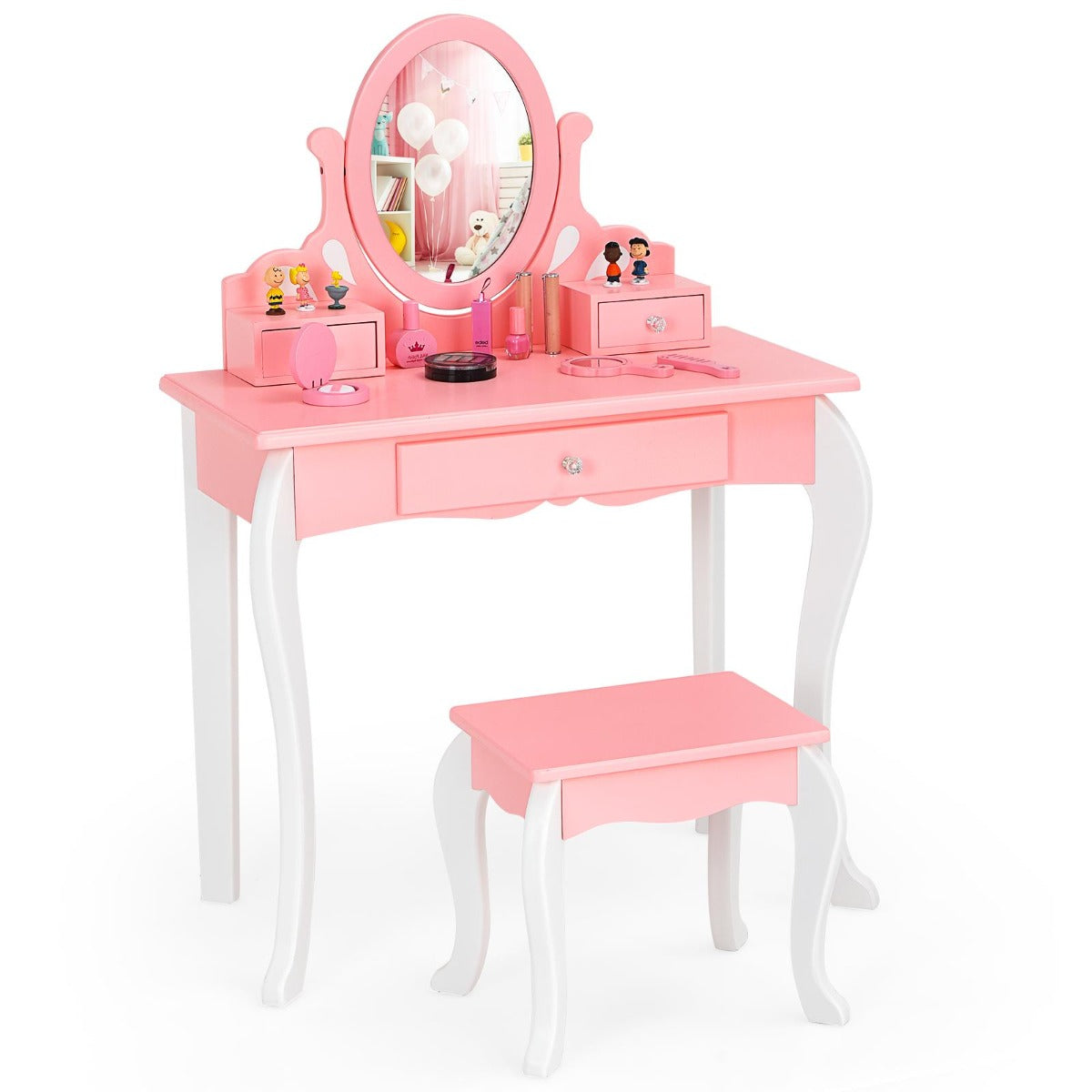 Sminkbord – för barn med Pall Princess lådor och Spegel – 3 – Rosa