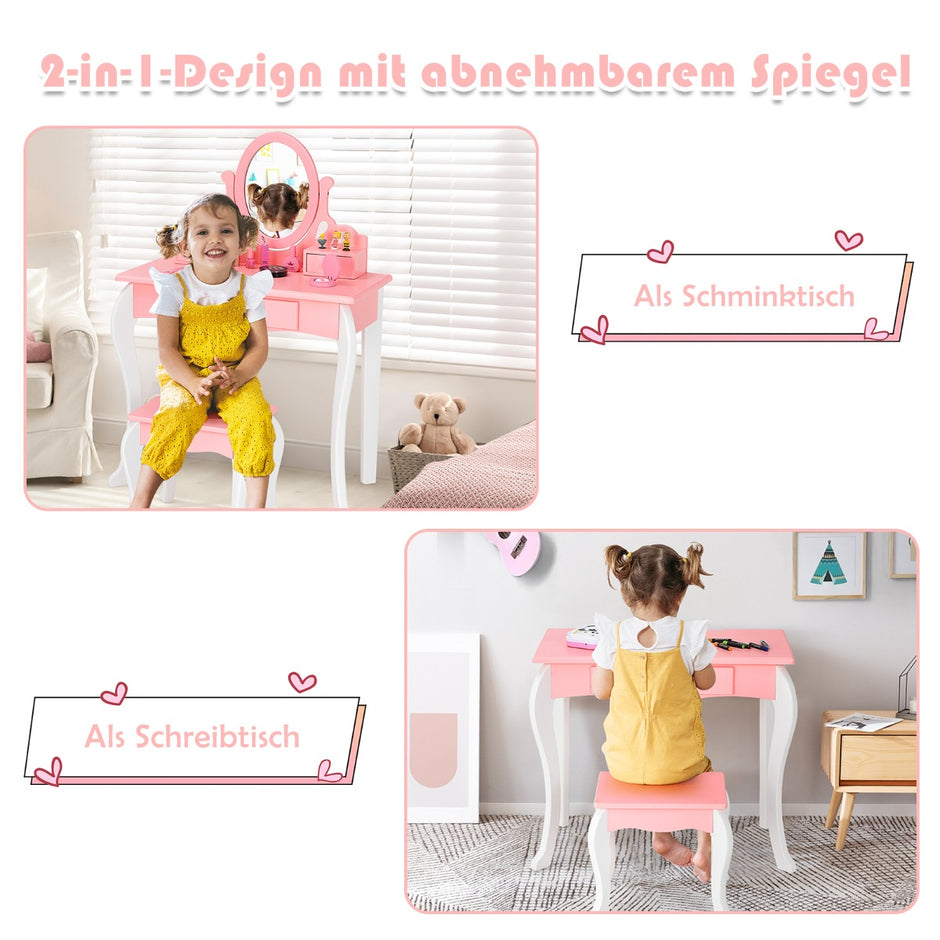 Sminkbord – för barn med Pall Princess lådor och Spegel – 3 – Rosa