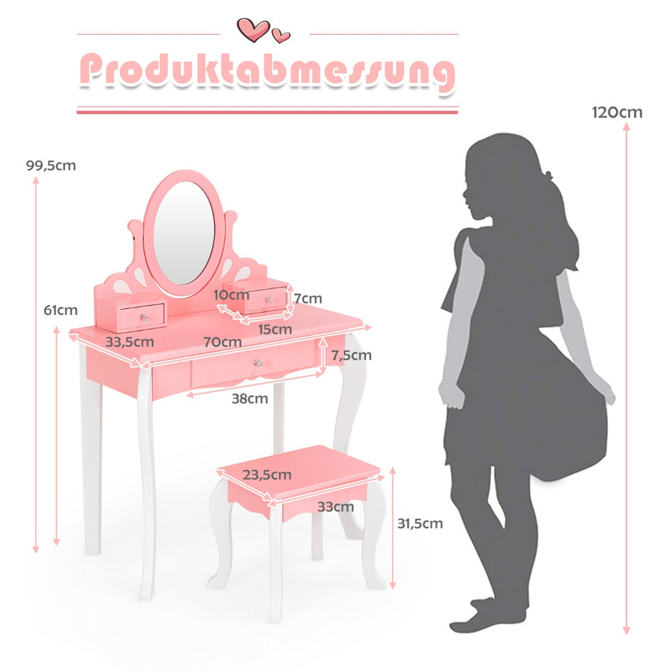 Sminkbord – för barn med Pall Princess lådor och Spegel – 3 – Rosa
