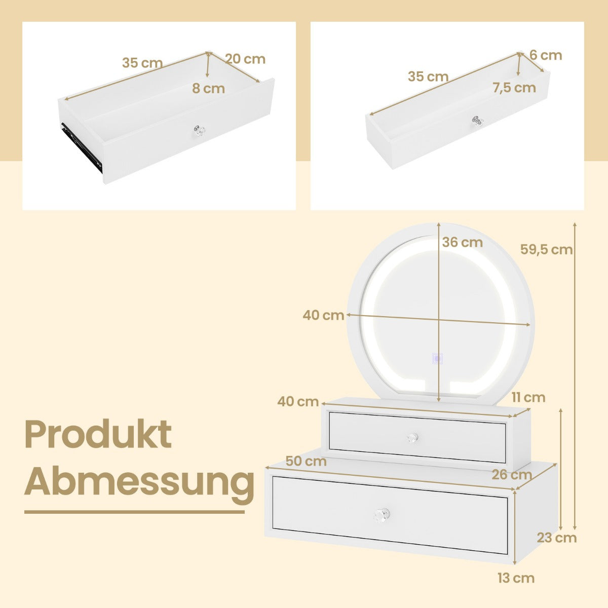 Sminkspegel – Bordsspegel med lådor Sminkbord JV11976DE WH – 2 51 x 26 x 59 cm – Vit