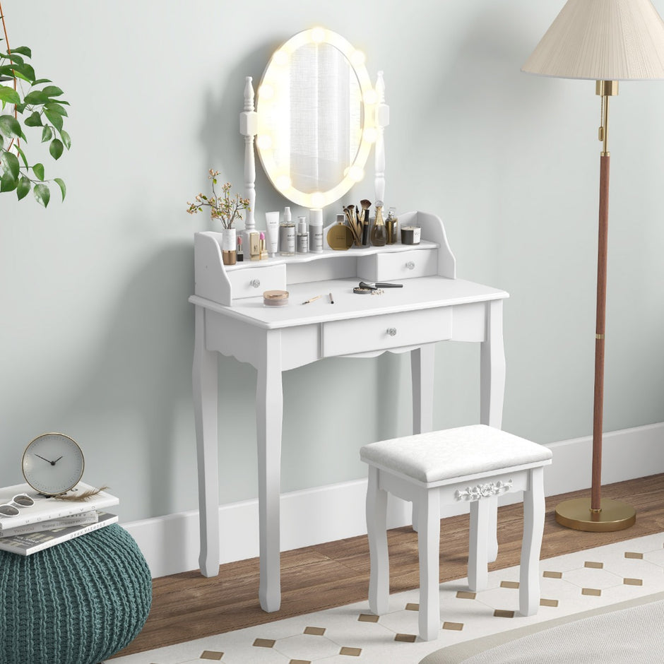 Sminkbord – med LED belysning justerbar ljusstyrka lådor – 3 – Vit