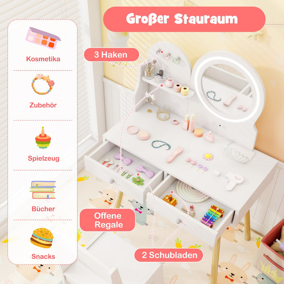 Sminkbord – för barn med belysning i spegel – 2 1 – Vit