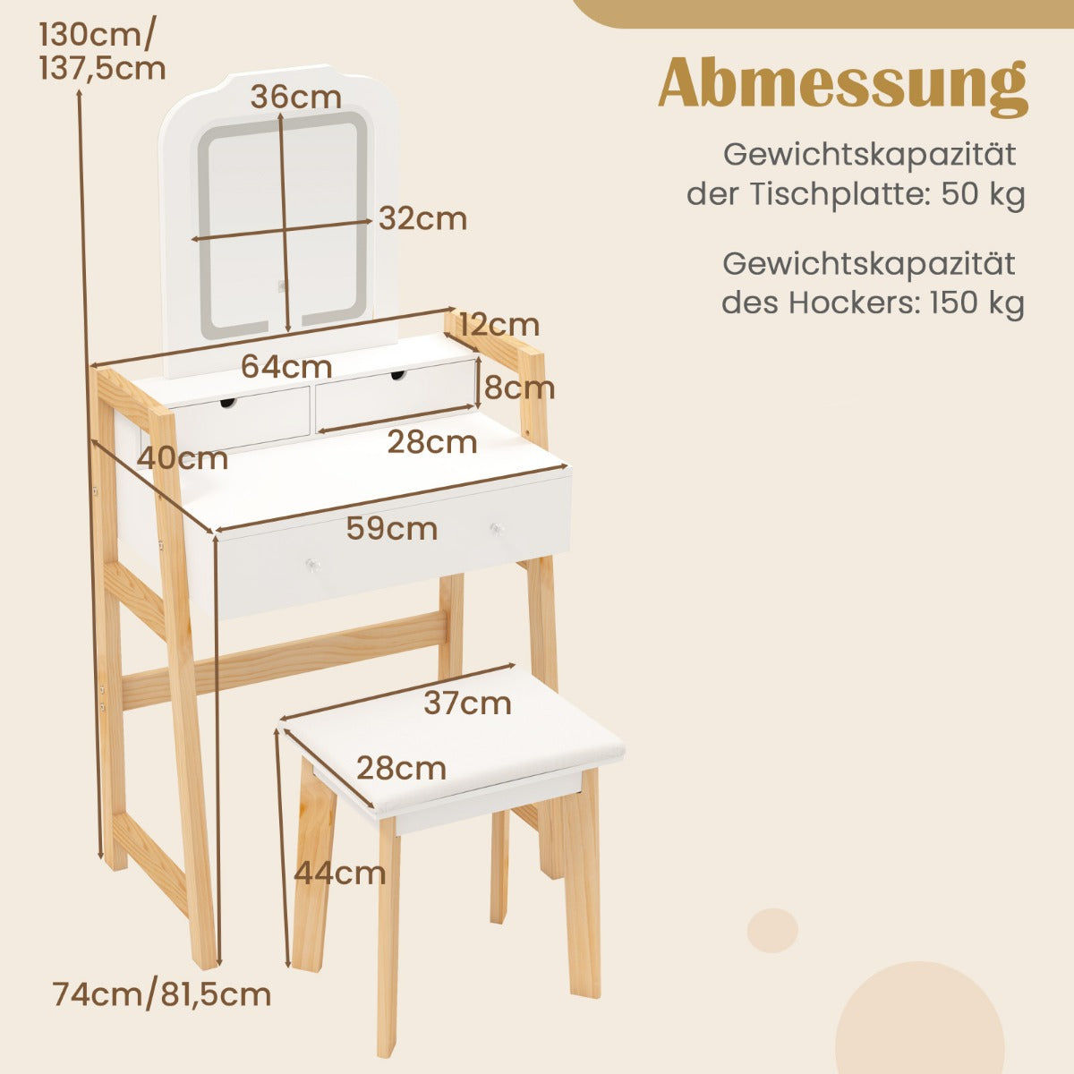 Sminkbord – i trä med pall och spegel lådor Frisörbord – 3 64 x 41 x 137 cm – Vit
