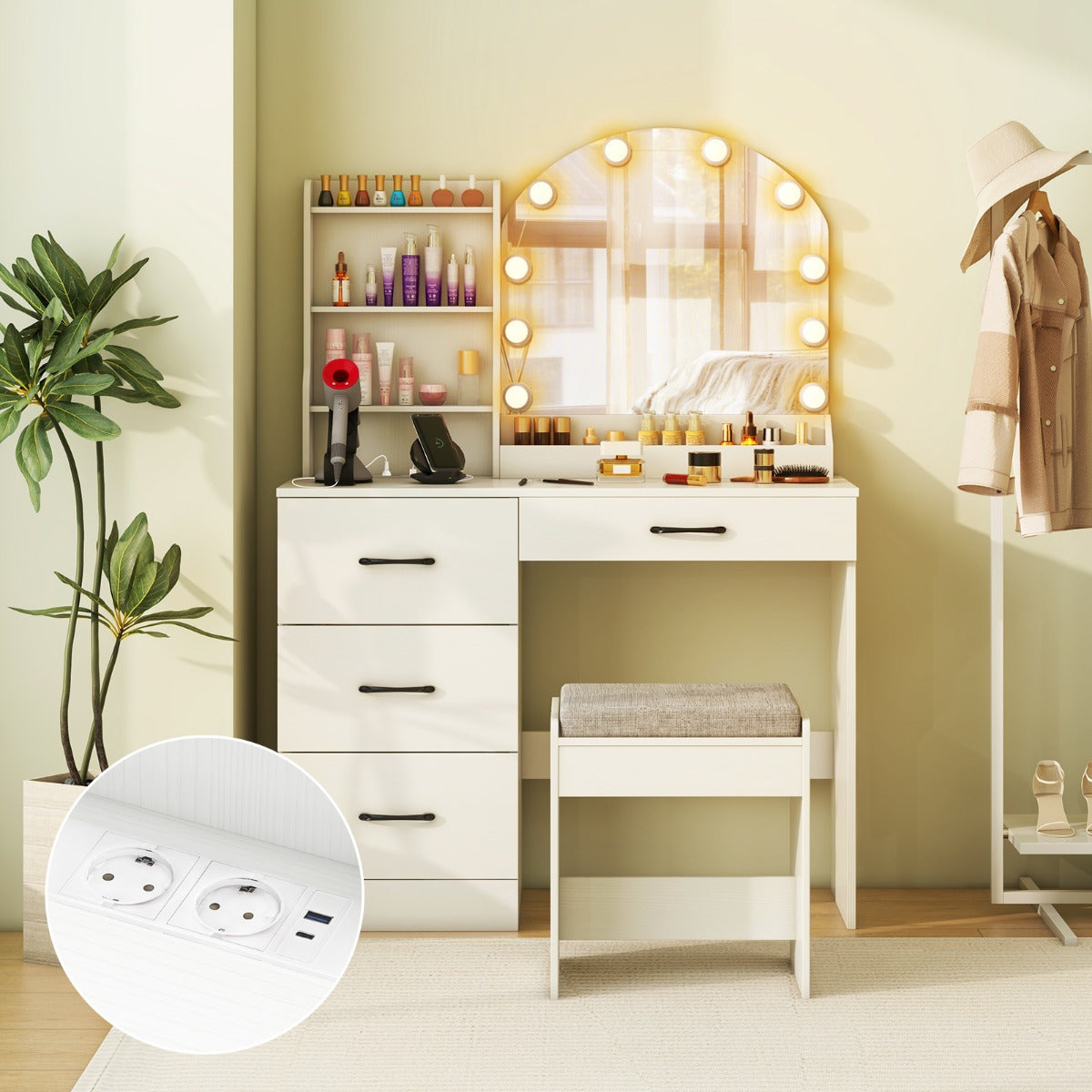 Sminkbord – med LED belysning färger justerbar ljusstyrka – 3 – Vit