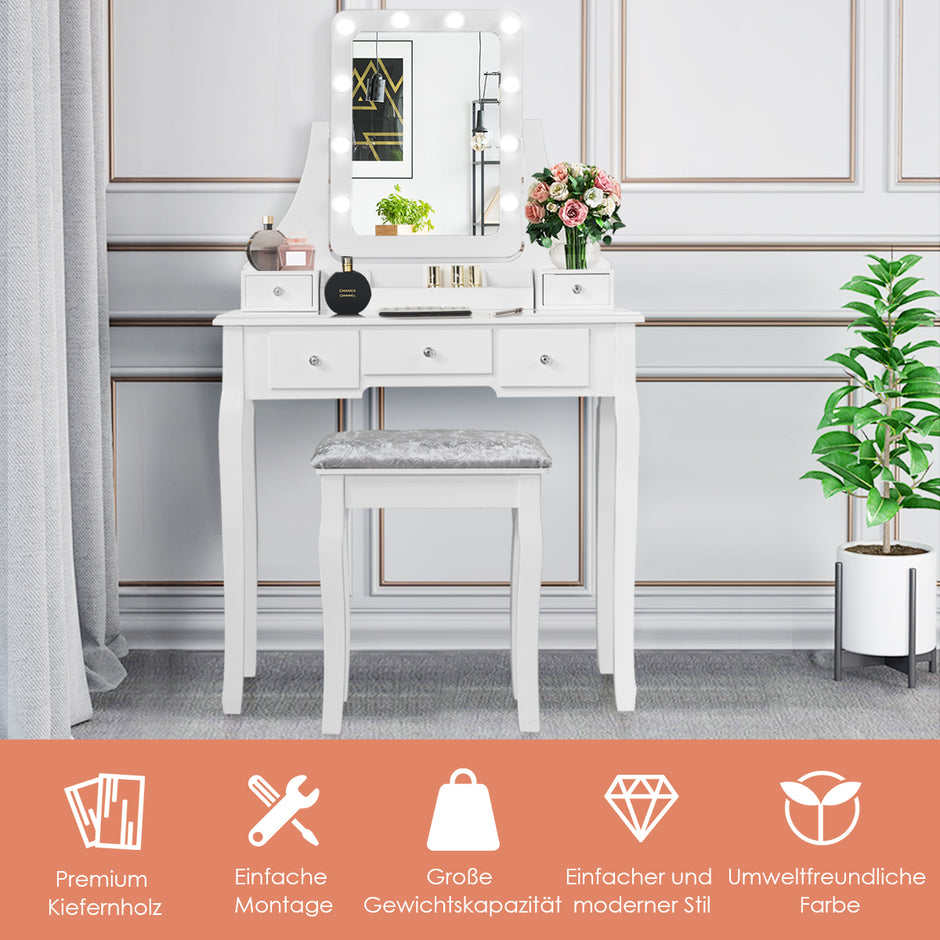 Sminkbord – med rektangulär spegel och toalettbord – 80 x 40 x 135,5 cm – Vit