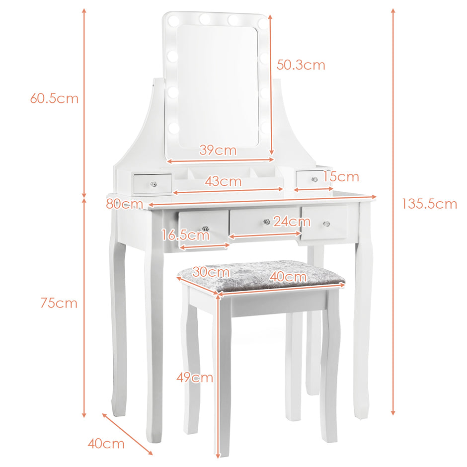 Sminkbord – med rektangulär spegel och toalettbord – 80 x 40 x 135,5 cm – Vit