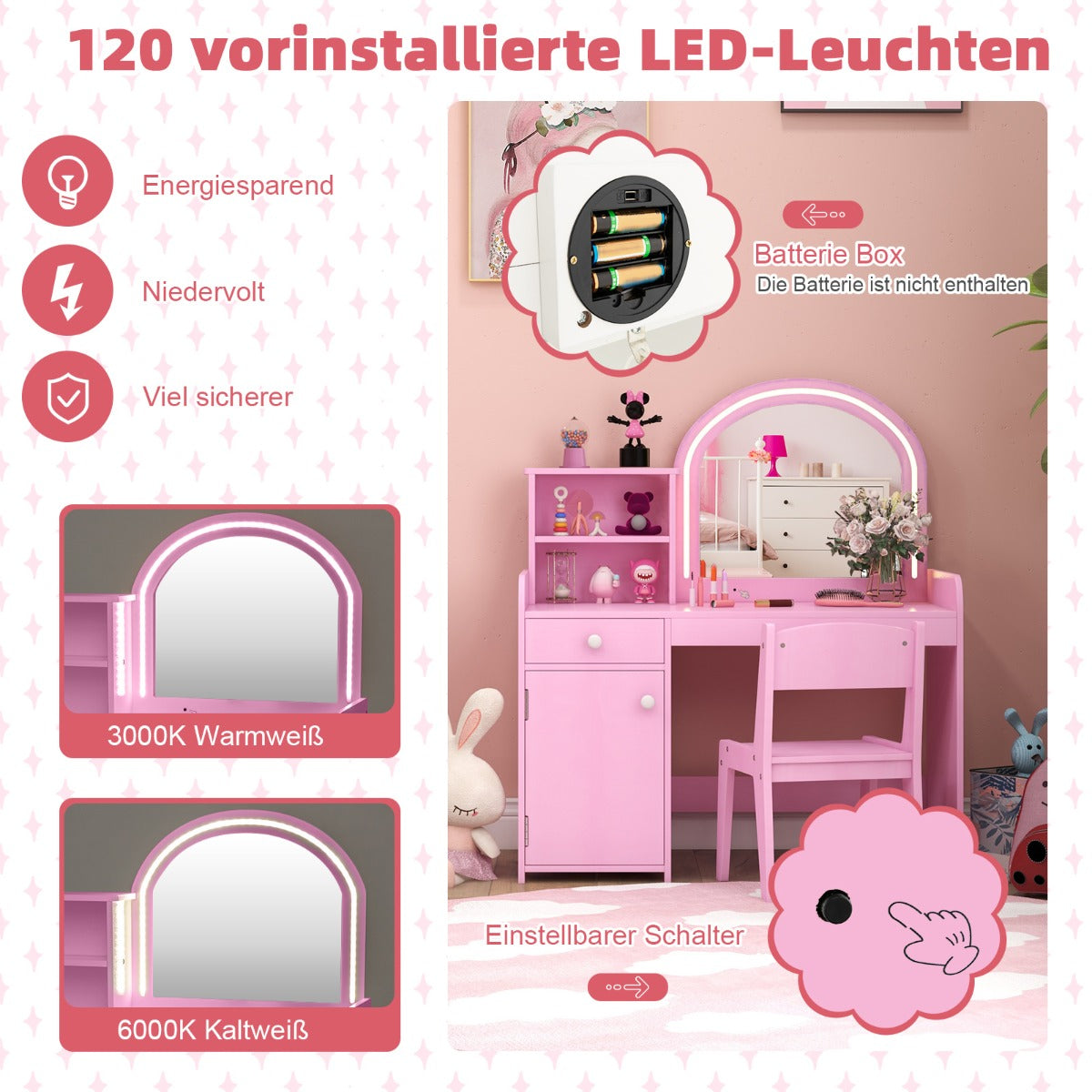 i – sminkbord för barn med pall och LED lampor spegel låda kosmetiskt – 2 1 – Rosa