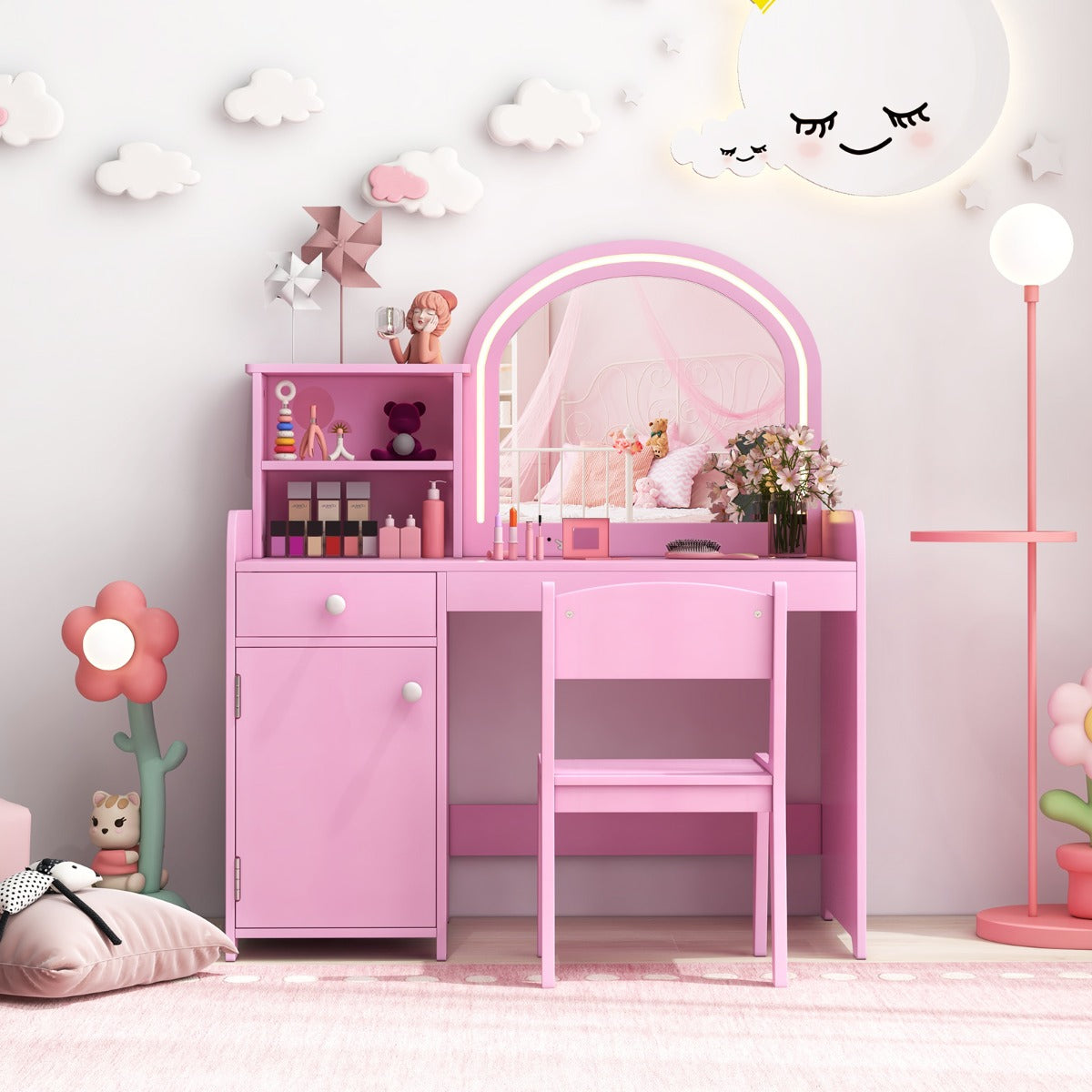 i – sminkbord för barn med pall och LED lampor spegel låda kosmetiskt – 2 1 – Rosa