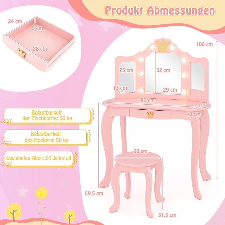 Sminkbord – för barn med belysning tjejer trefaldig spegelrosa – Rosa