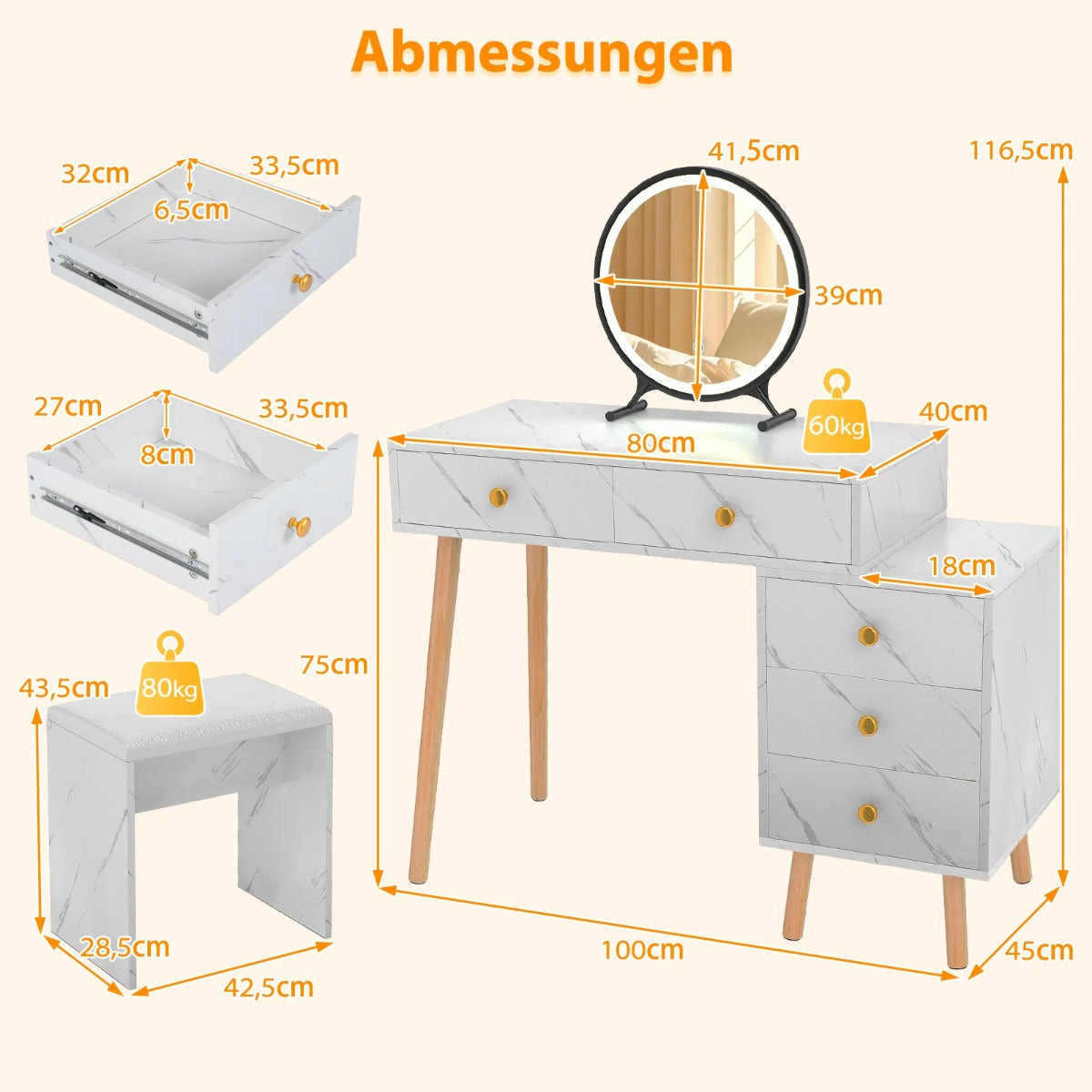 Sminkbord – med belysning avtagbar spegel lådor – 3 5 – Vit