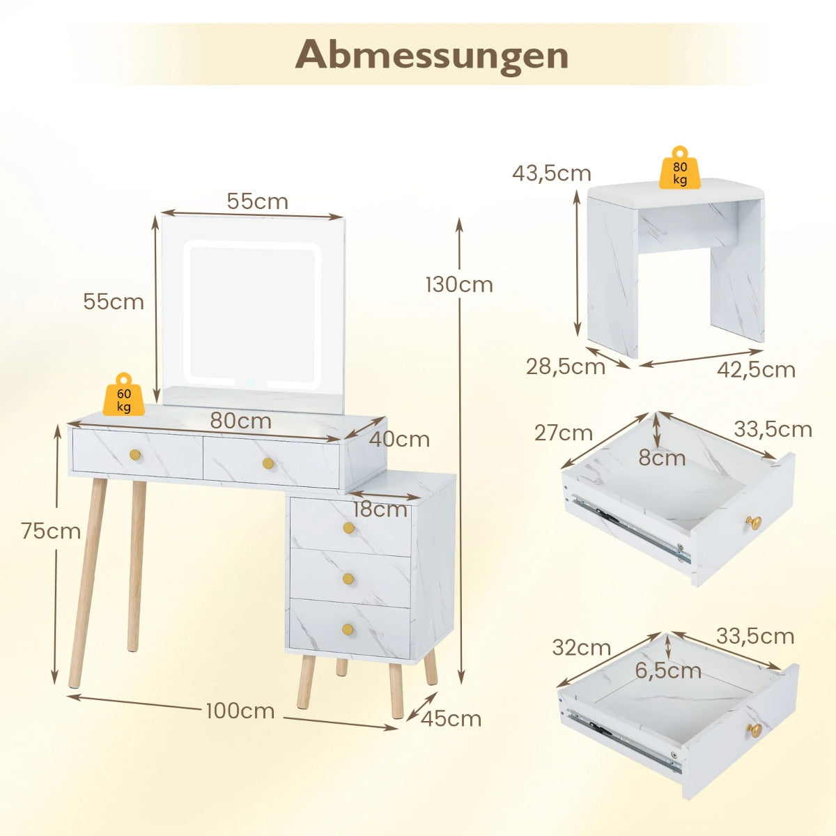 Sminkbord – med spegel och belysning Sminkset ljuslägen justerbar ljusstyrka – 3 – Vit