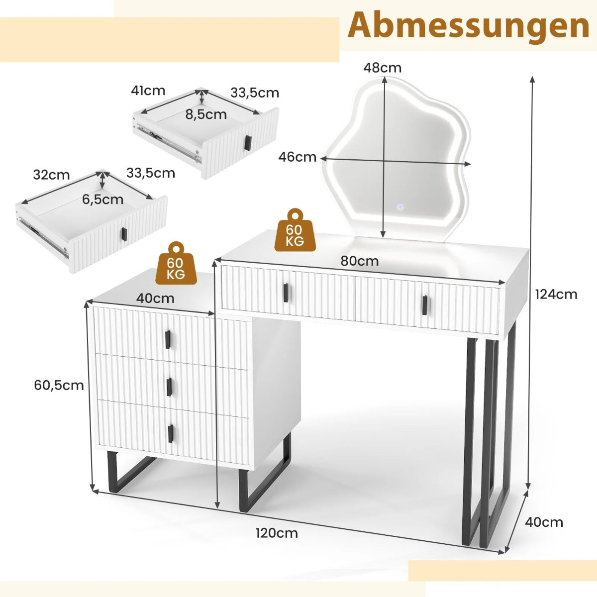 Sminkbord – med spegel och belysning ljuslägen justerbar ljusstyrka – 3 – Vit