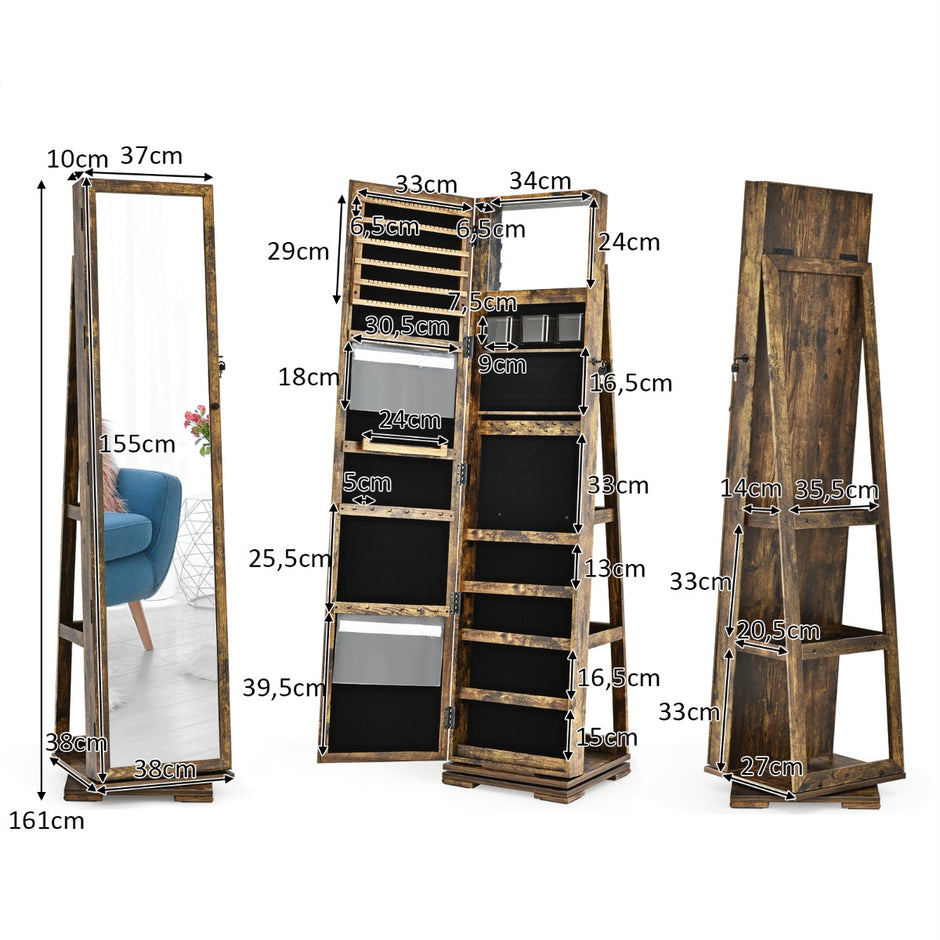 i – smyckesskåp och steghylla med fullängdsspegel – 2 1 39 x 39 x 161 cm – Rustik brun