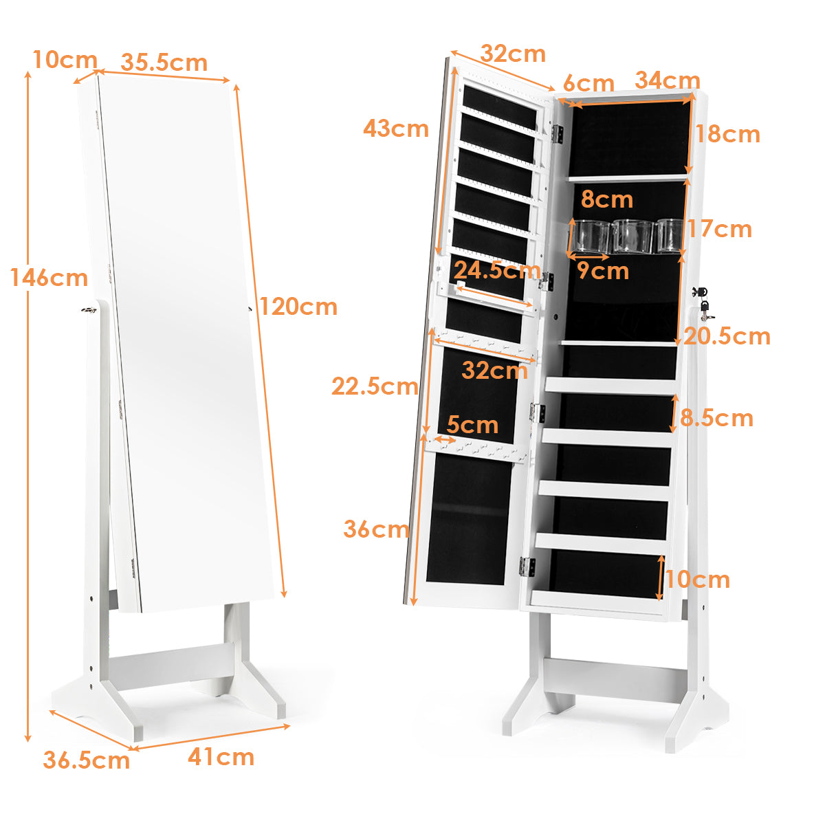 i – smyckesskåp med spegellåsbar smyckeskåp – 2 1 41 x 36,5 x 146 cm – Vit