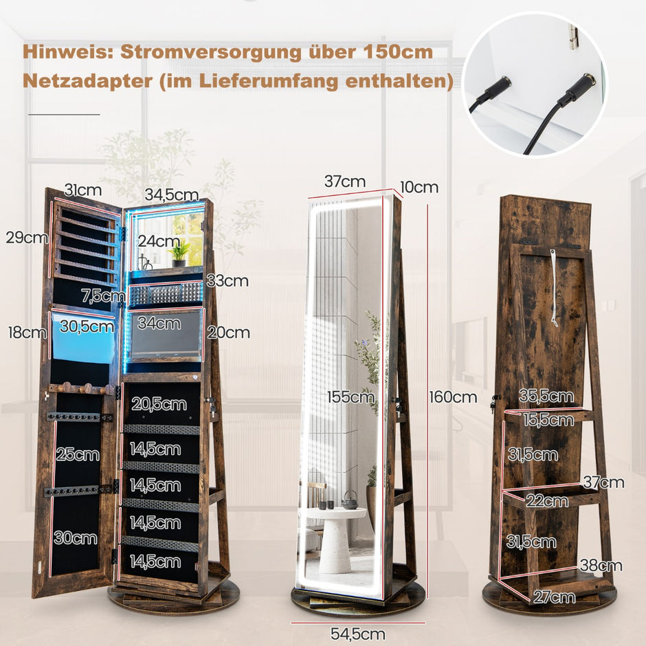 Smyckesskåp – med spegel justerbara LED lampor Vintage – 54,5 x 54,5 x 160 cm – Rustik brun