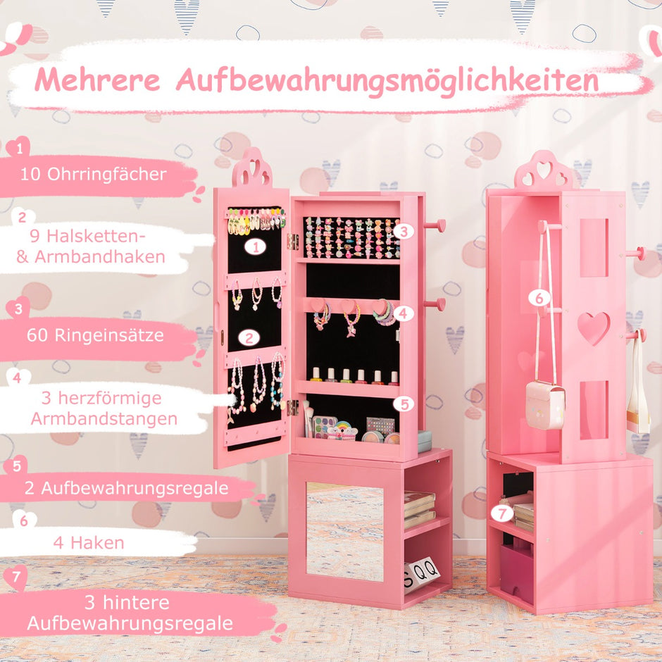 i – spegelskåp med fullängdsspegel och klädhylla Smyckesskåp för barn – 3 1 – Rosa