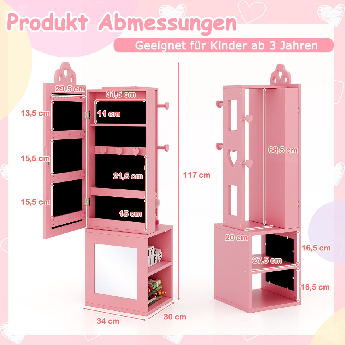i – spegelskåp med fullängdsspegel och klädhylla Smyckesskåp för barn – 3 1 – Rosa