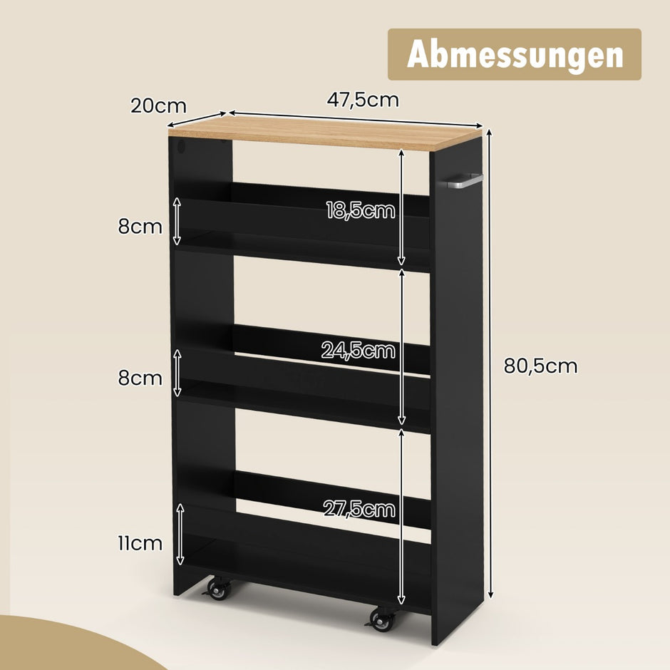 Nischvagn – bred hyllplan Köksvagn smal Nischhylla på hjul – 20 cm 4 47,5 x 20 x 80,5 cm – Svart