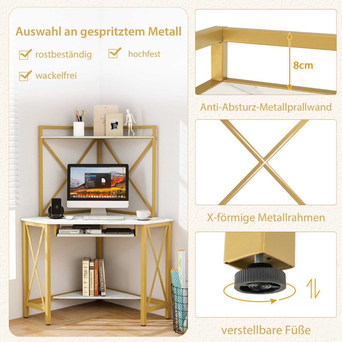 Skrivbord – med laddstation Hörndatorbord tangentbordshylla och hyllor + – 2 113 x 75 x 145 cm – Vit