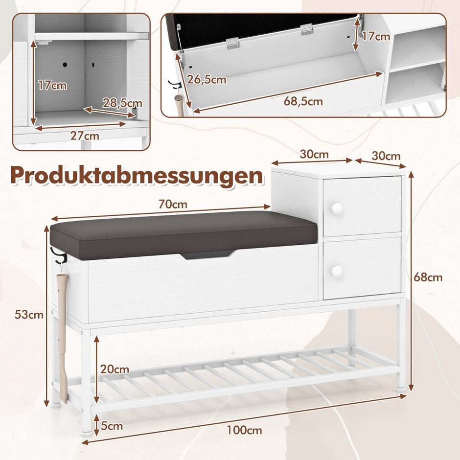 Skoförvaring – med lock, sittplats och dörrar Skoställ Skoskåpa – 2 100 x 30 x 68 cm – Vit