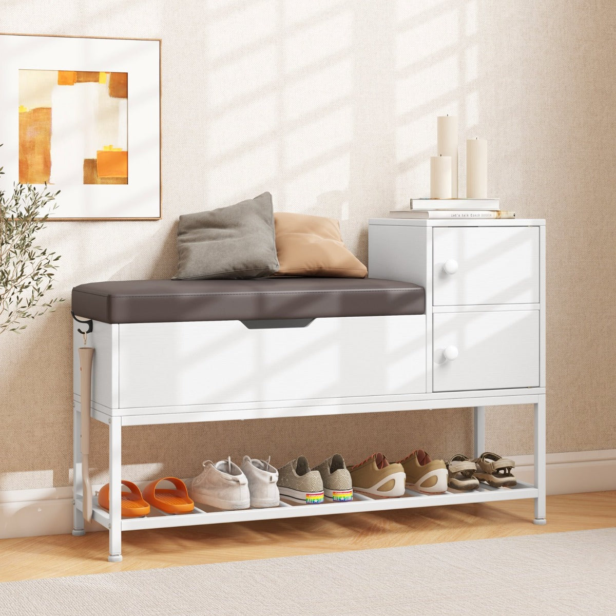 Skoförvaring – med lock, sittplats och dörrar Skoställ Skoskåpa – 2 100 x 30 x 68 cm – Vit