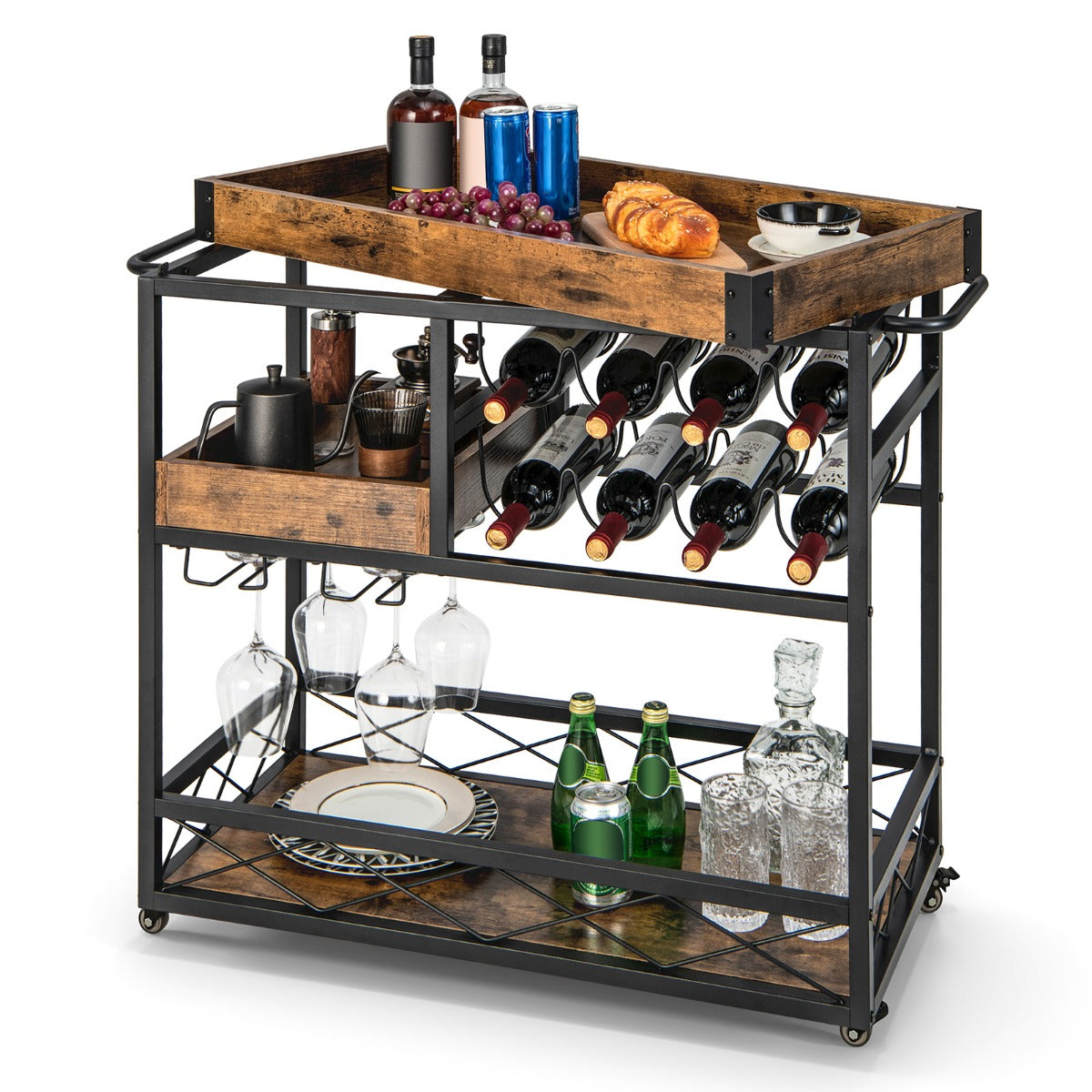 Serveringsvagn – vånings rullstångsvagn med avtagbar bricka Rustikbrun – 3 80 x 40 x 83 cm – Rustik brun