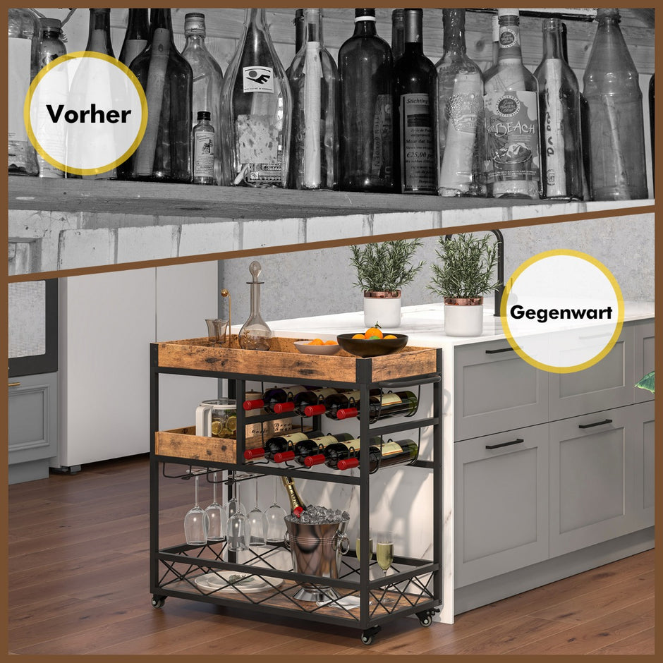 Serveringsvagn – vånings rullstångsvagn med avtagbar bricka Rustikbrun – 3 80 x 40 x 83 cm – Rustik brun