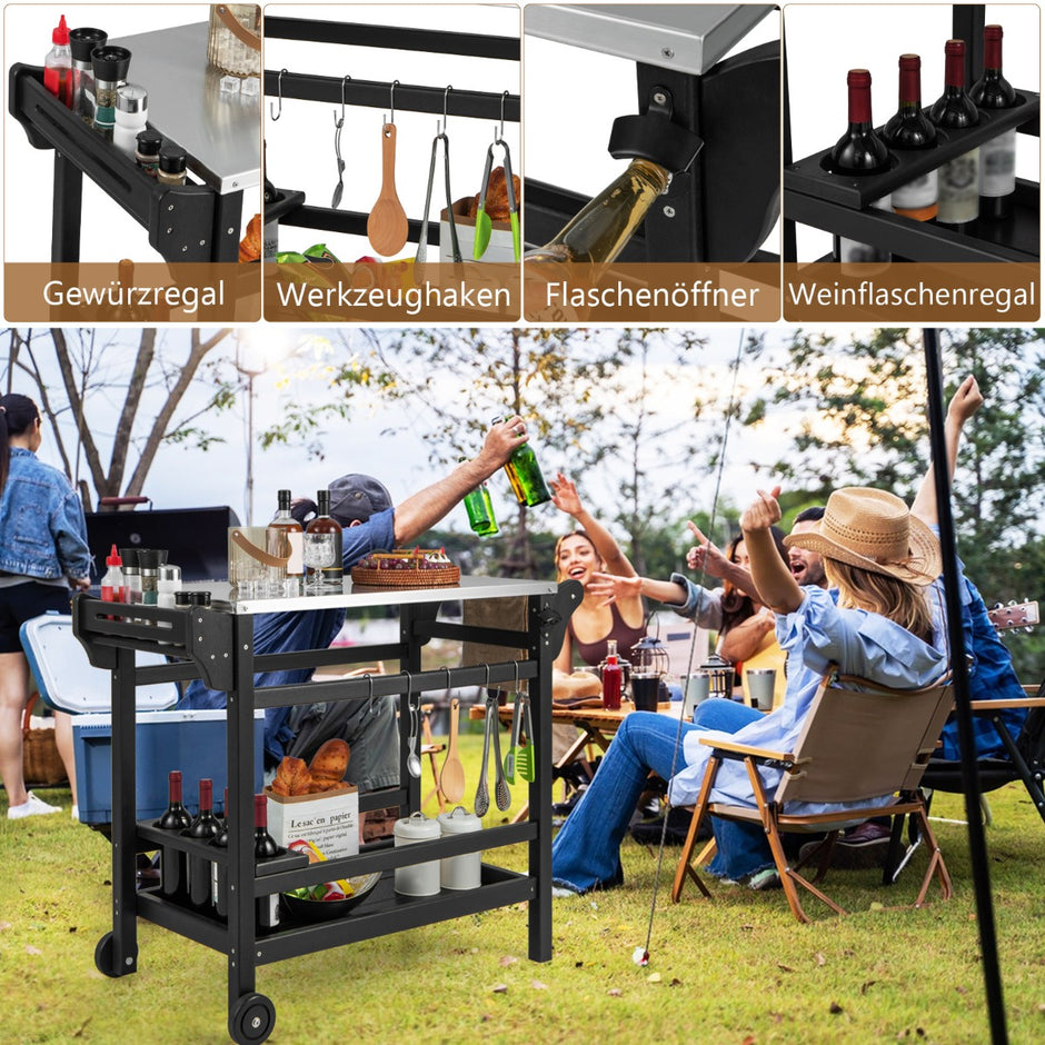 Grillvagn – med kryddbricka och vinflaskställ handtag hjul grillbord – 2 105 x 54 x 85 cm – Svart