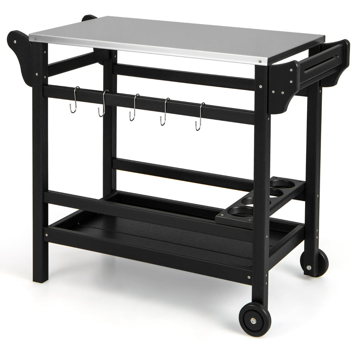 Grillvagn – med kryddbricka och vinflaskställ handtag hjul grillbord – 2 105 x 54 x 85 cm – Svart