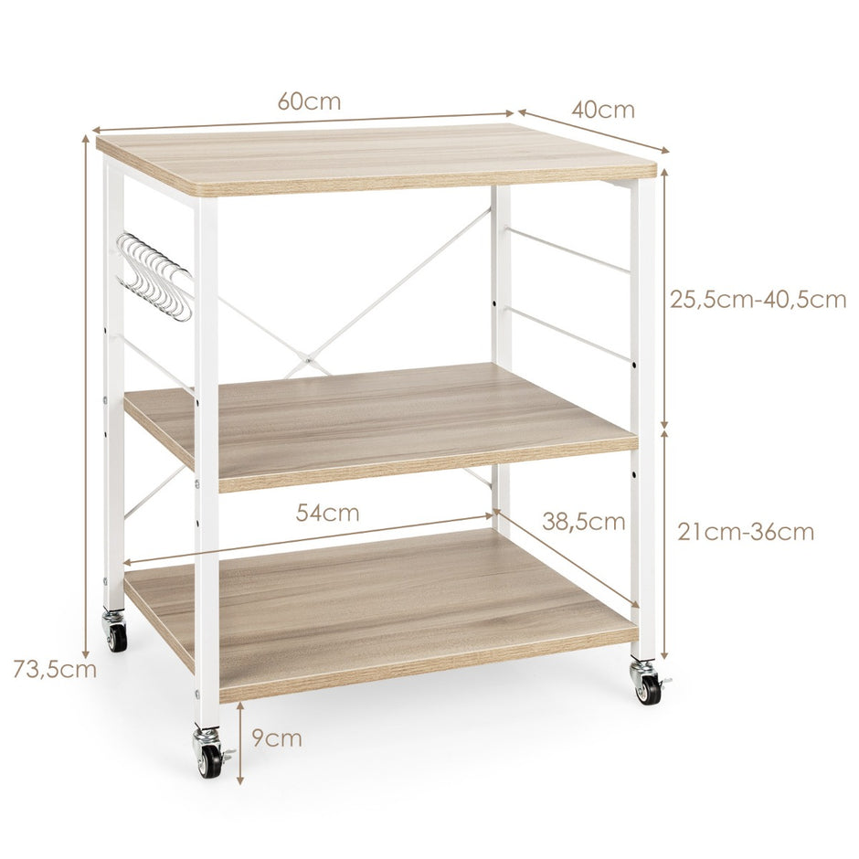 Serveringsvagn – med nivåer justerbar hylla och avtagbara krokar Natural – 3 10 60 x 40 x 73 cm – Natur