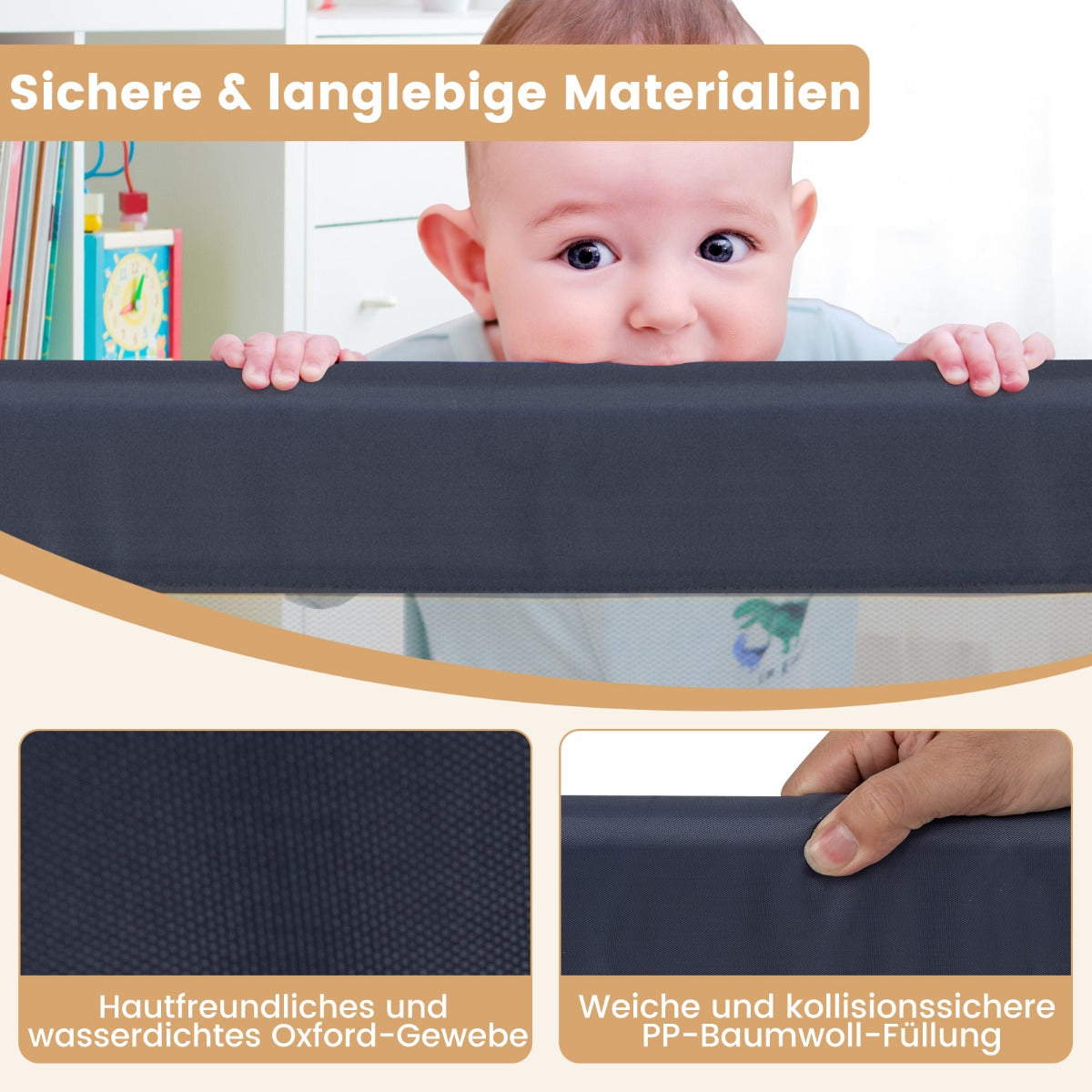 Vikbar – sängstång med justerbara och ONE Click hopfällbara remmar Sängskydd – 150 x 42 cm – Grå