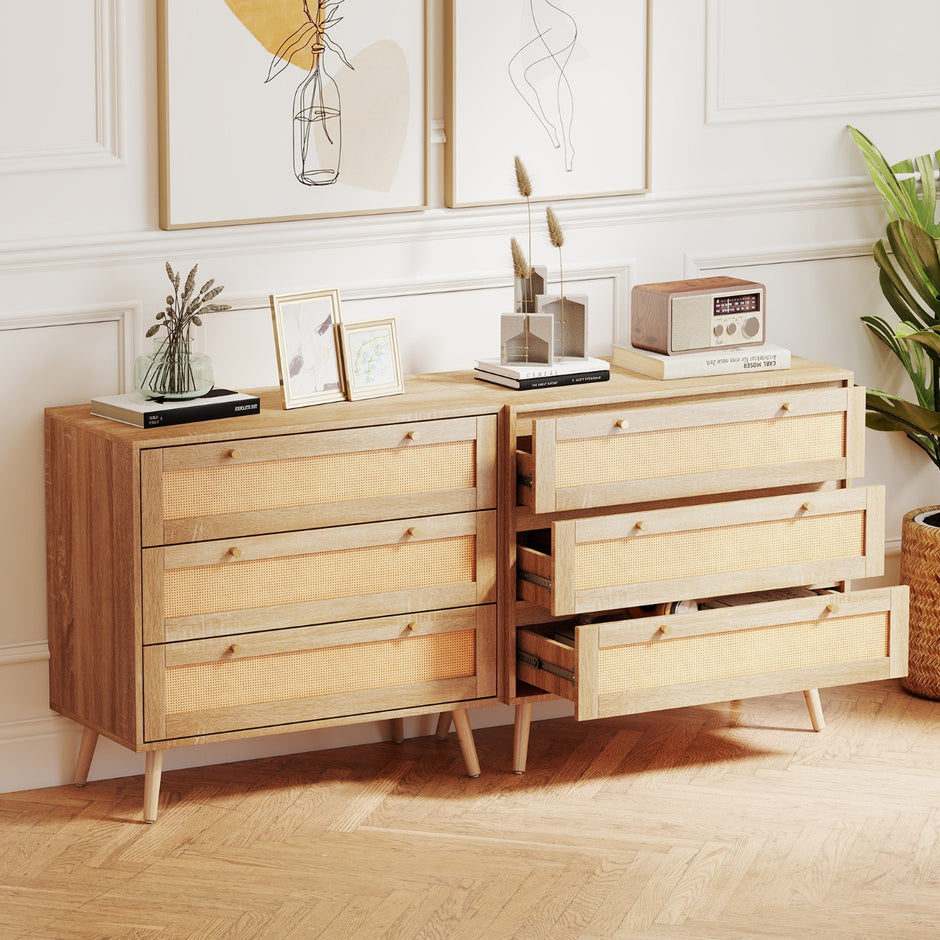 Kommode – i rotting med lådor, träförvaring för vardagsrum, sovrum och hall, cm, naturfärgad – 3 80 x 40 x 75,5 – Natur