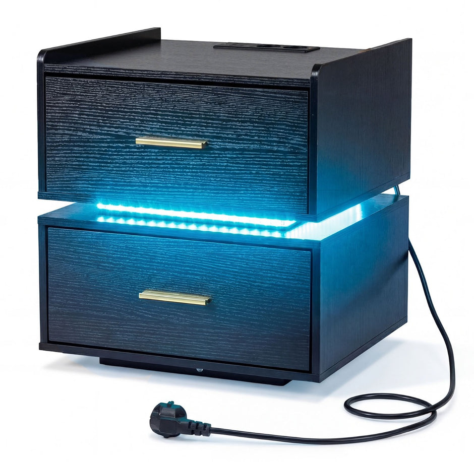 pack – nattbord med laddstation, LED sängbord, lådor, modern halvhängande – 2 2 – Svart