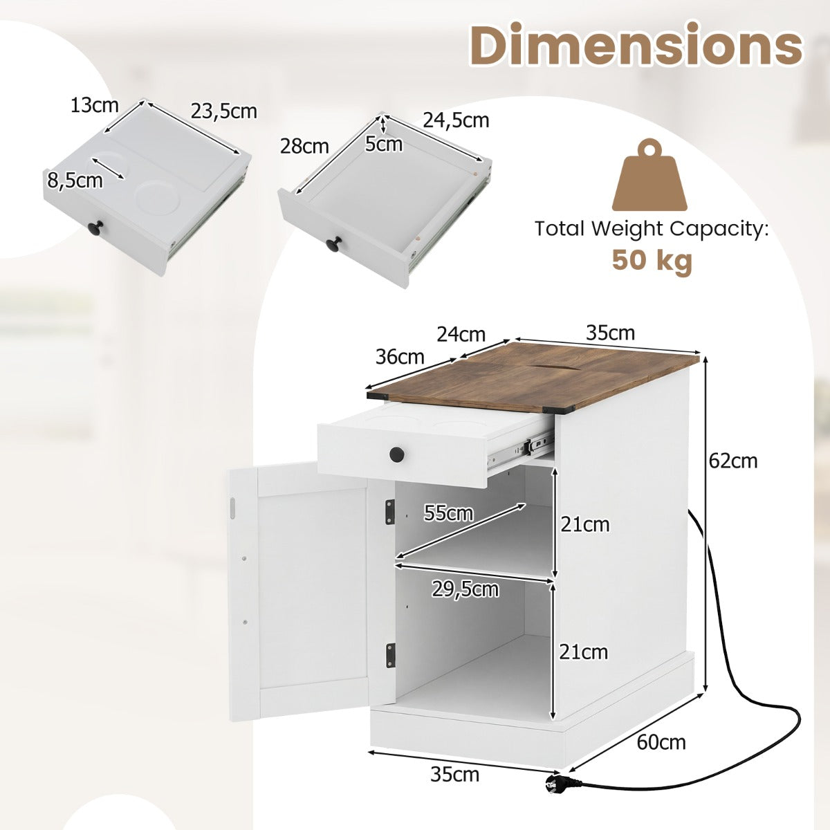 Sidobord – Sidoskåp med Laddningsstation Nattduksbord vikbar bordsyta Låda – Vit