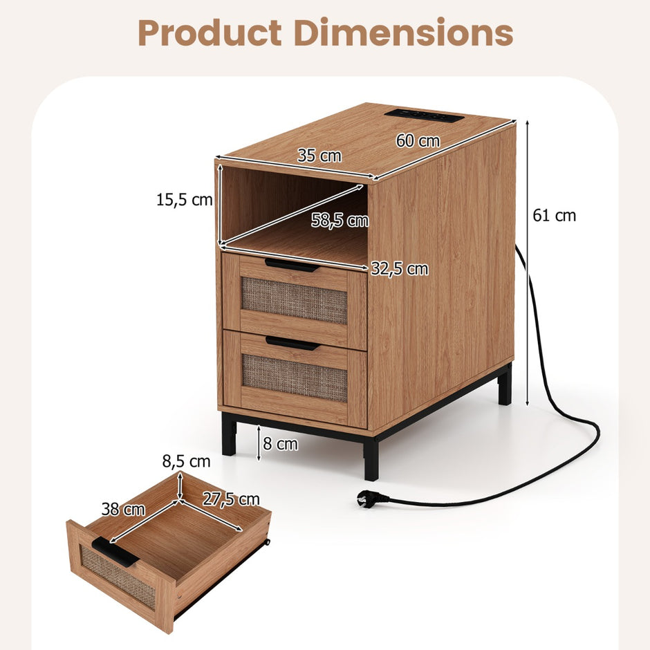 Sidobord – med laddstation och lådor, nattduksbord i rotting trä, soffbord, – 2 . – Natur
