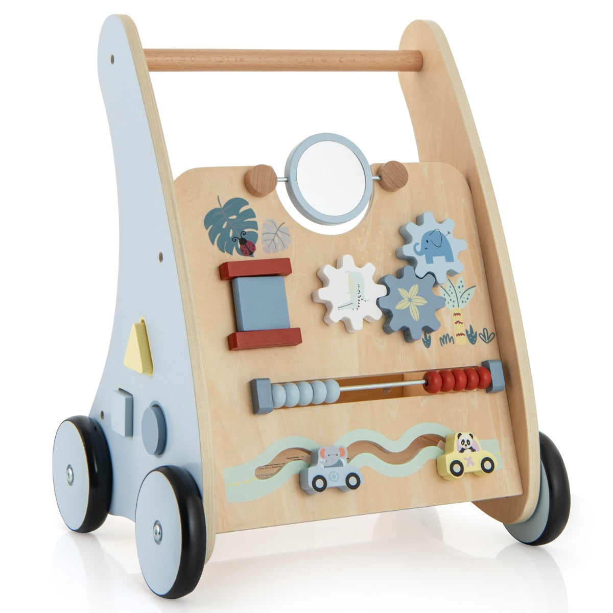 Baby – Walker i trä med Multi Activity Learning Center Montessori Push – Blå