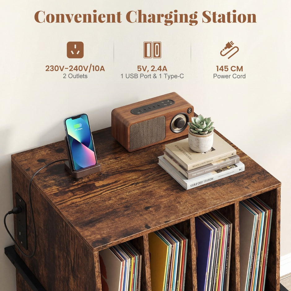 Skivspelarställ – med inbyggd laddstation och skiljeväggar, vinylskivbord – 4 – Rustik brun