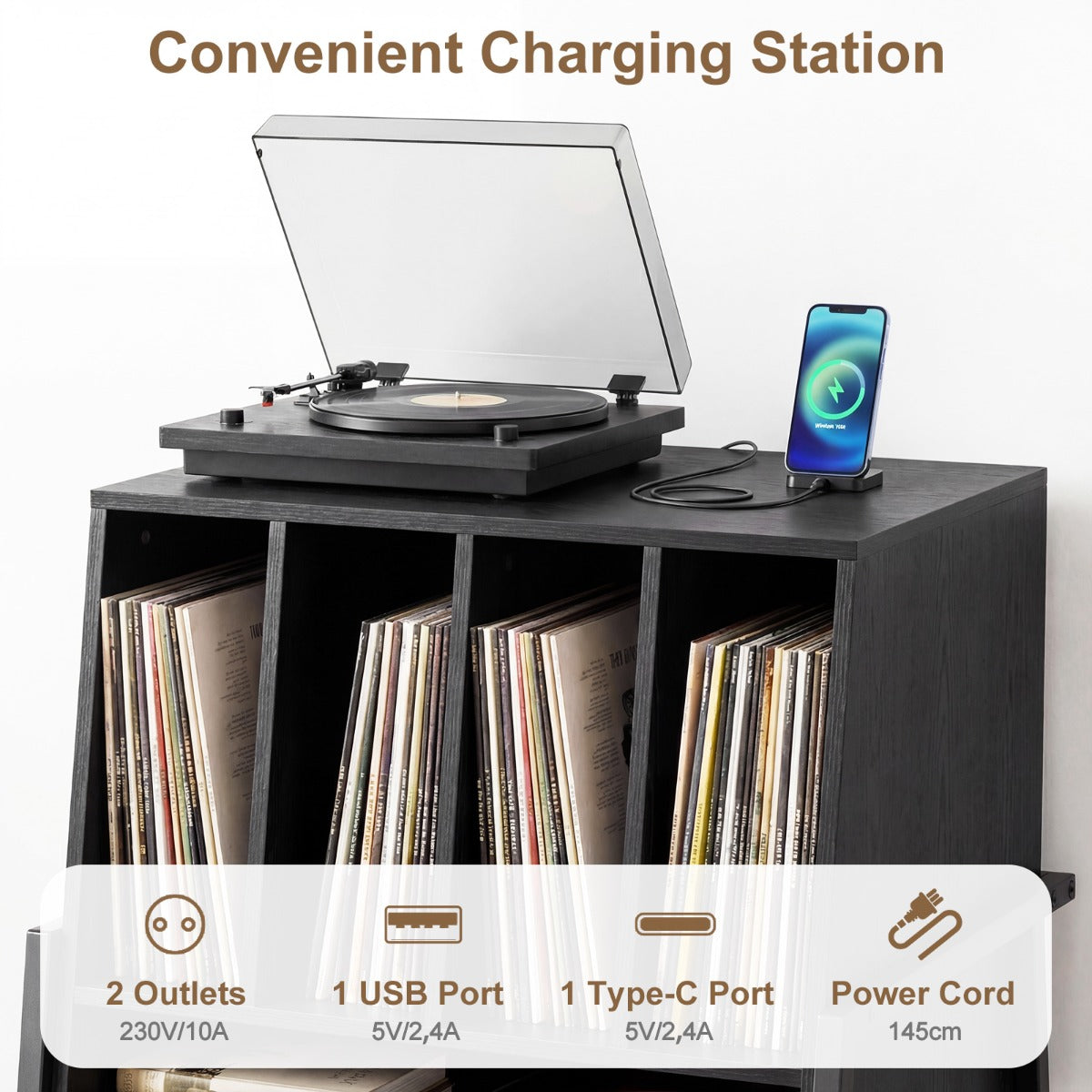 Skivspelarställ – med inbyggd laddstation och skiljeväggar, vinylskivbord – 4 – Svart