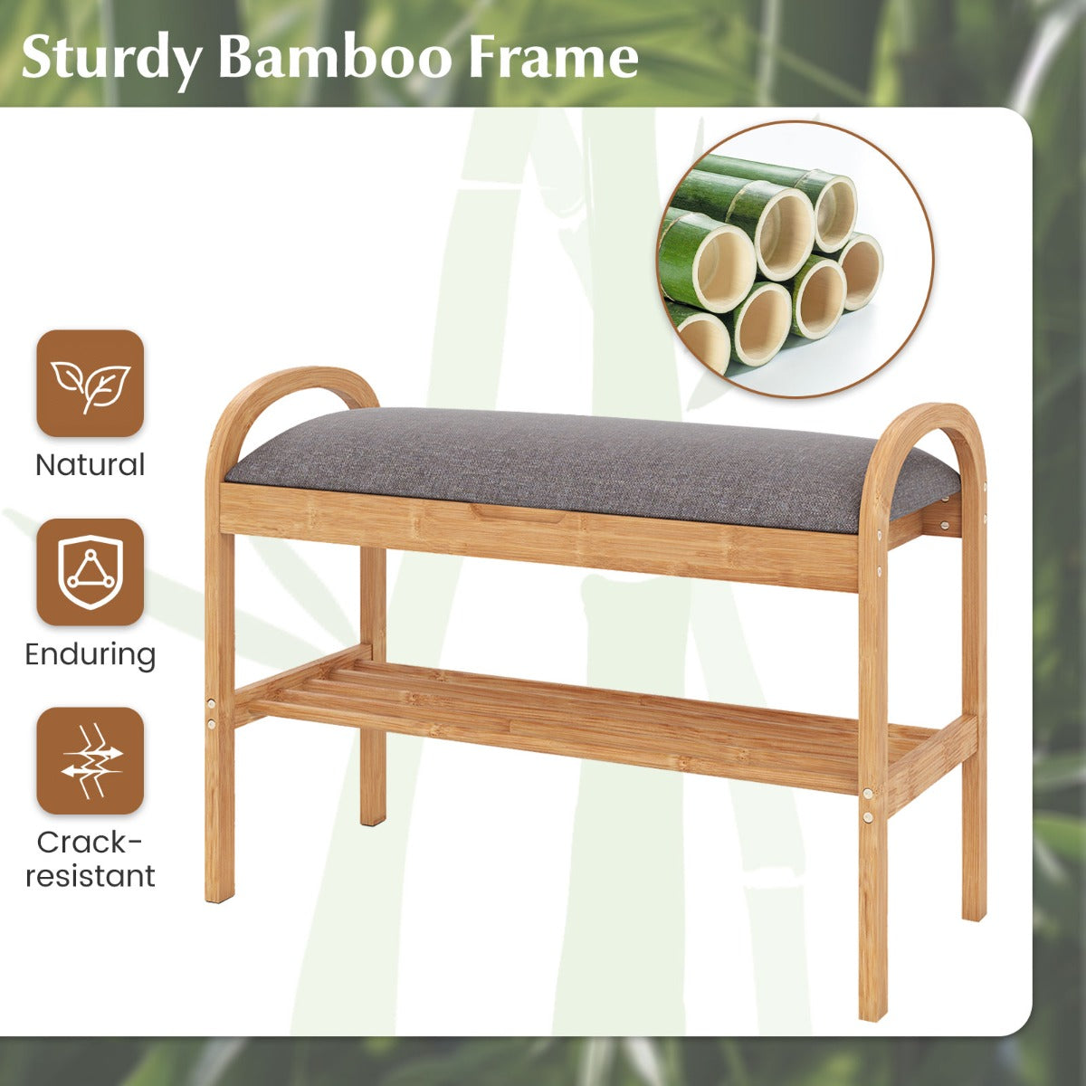 Skorbank – i bambus med förvaring stegs skoracka vadderad sittkudde Natur och – 2 70 x 31,5 x 51 cm – Grå