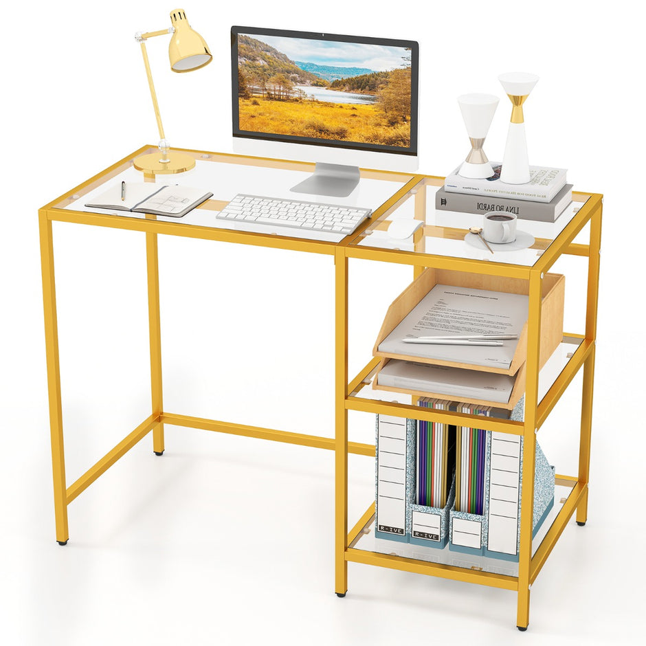 Skrivbord – Datortisch med härdat glasplatydd Skyddsglasställ Gyllen – Guld