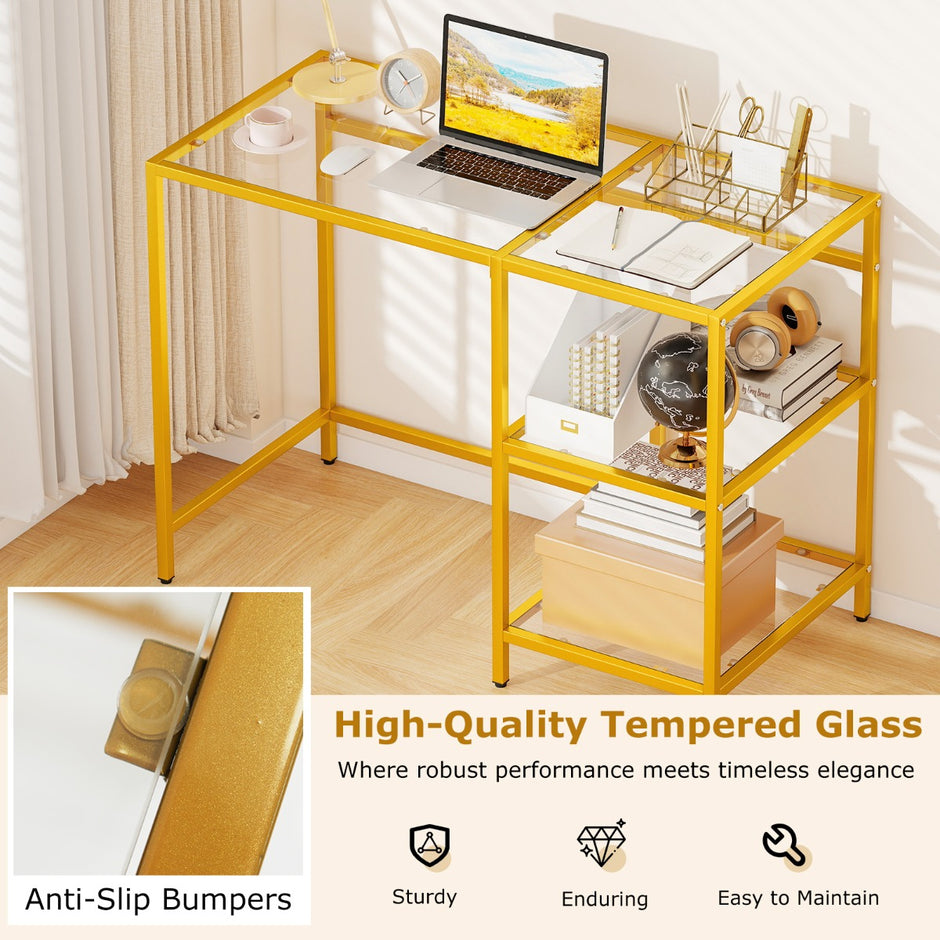 Skrivbord – Datortisch med härdat glasplatydd Skyddsglasställ Gyllen – Guld