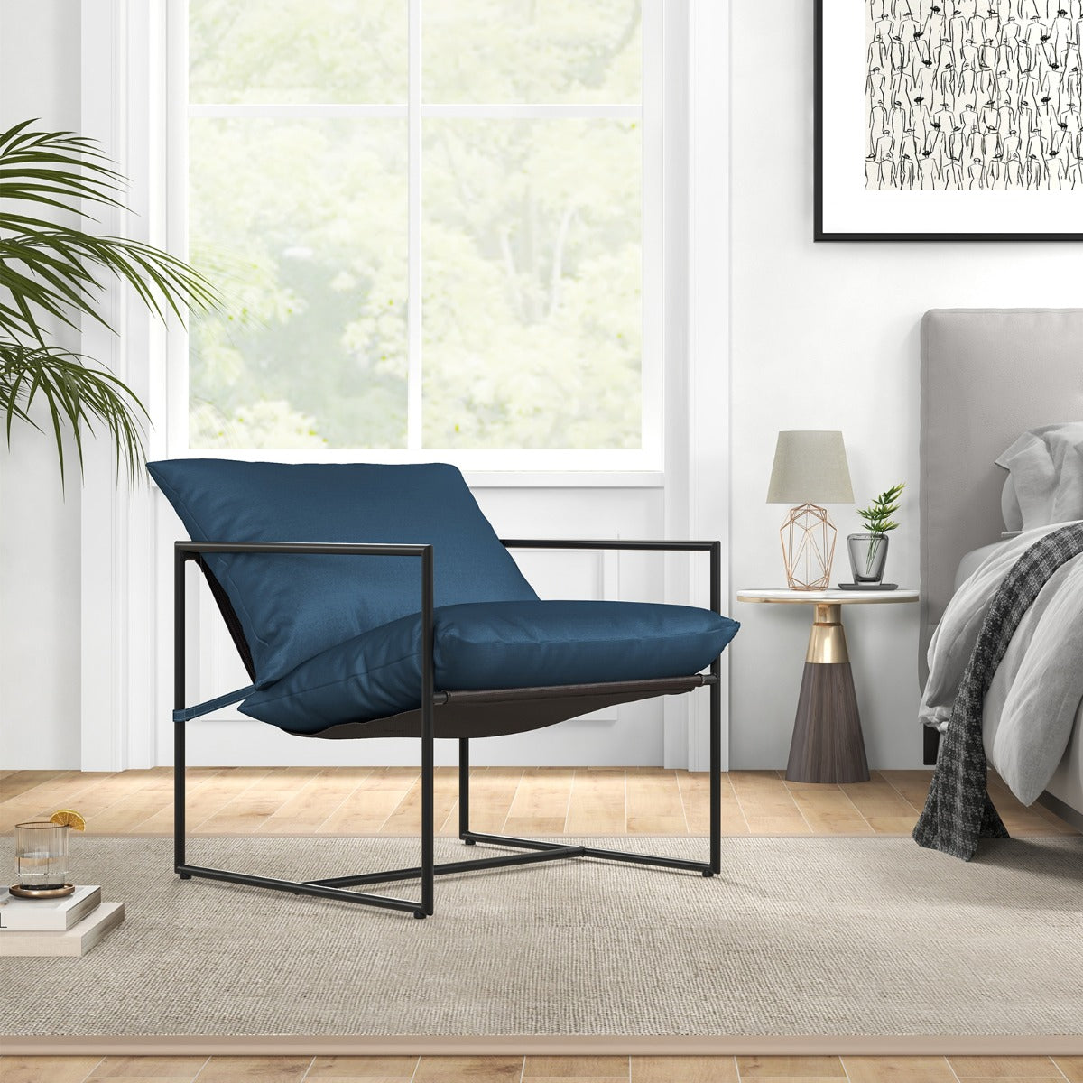 Set – med Sling Accent stolar sitt och ryggkuddar metallram Ergonomisk loungestol – 2 – Mörkblå