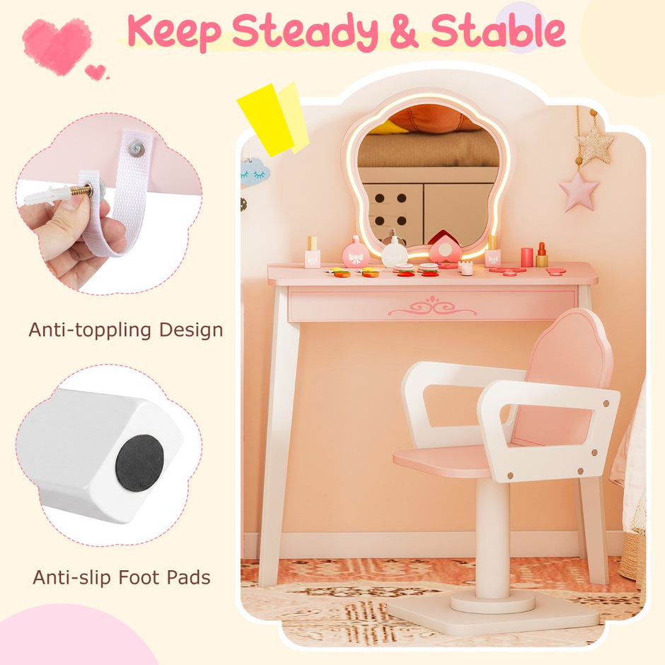 Barns – sminkbord med drejastol och frisörvagn frisörbord justerbar belysning – Rosa