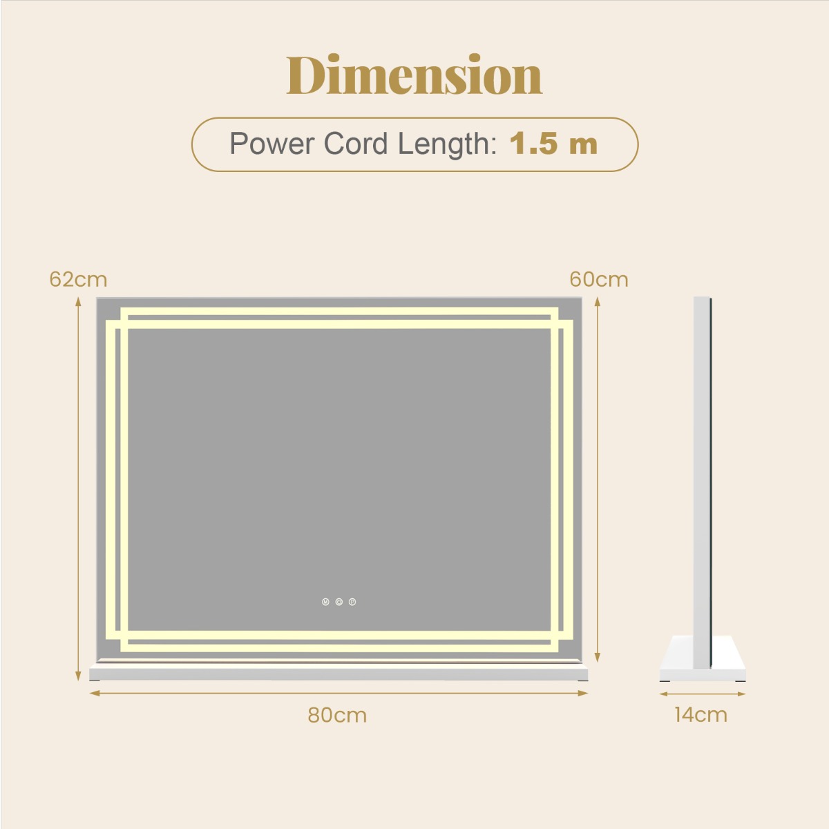 LED upplyst – sminkspegel med färgiga dimbara lägen och Smart touch styrning – 3 80 x 14 x 62 cm – Silver